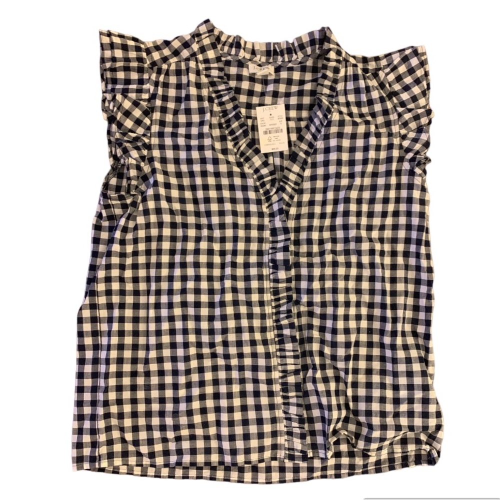 J. Crew Navy & White Gingham Sleeveless Ruffle Top